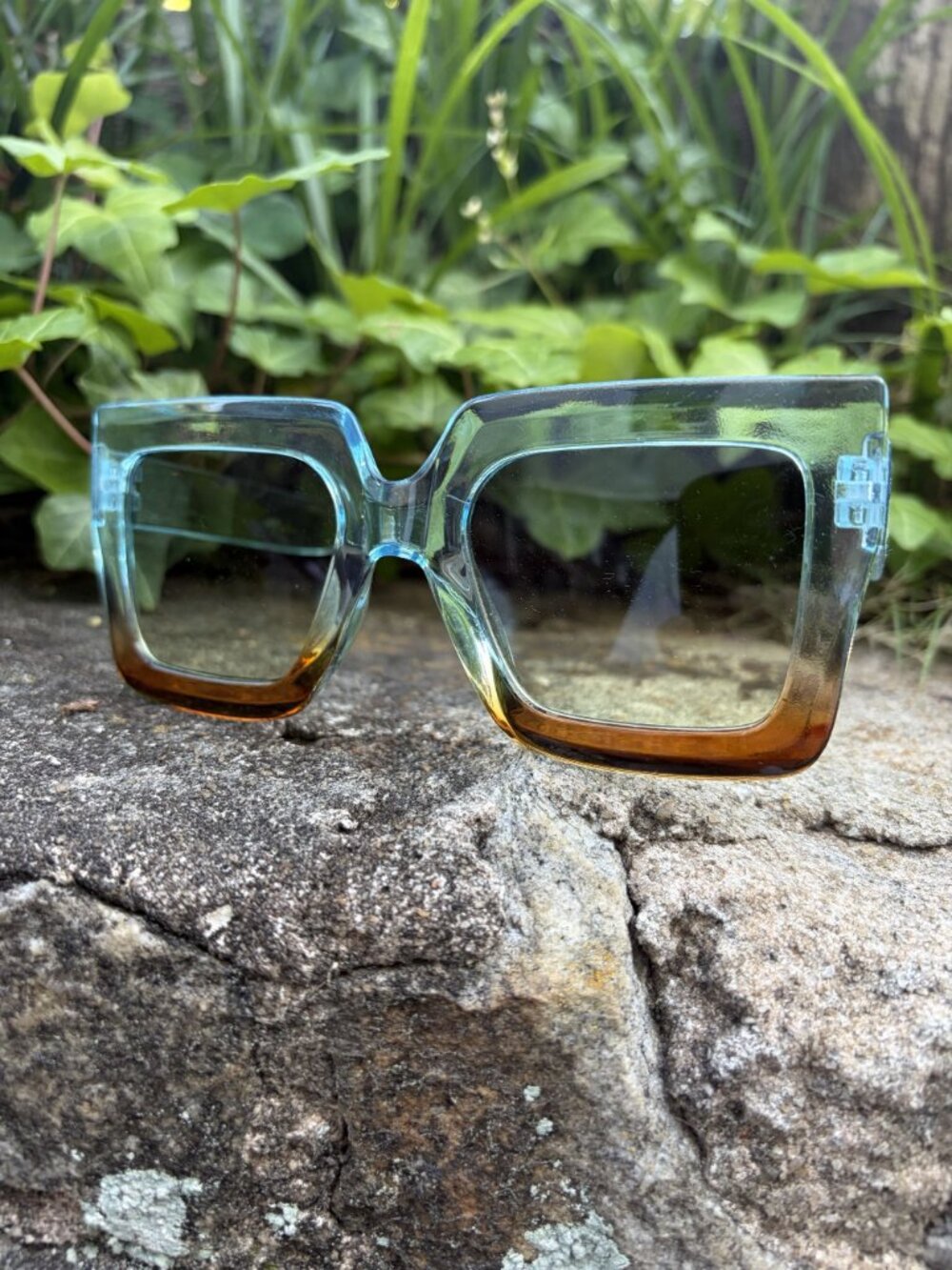 Oversized Square Gradient Sunglasses Blue Amber Ombre Retro Festival Sunnies - Picture 3 of 16